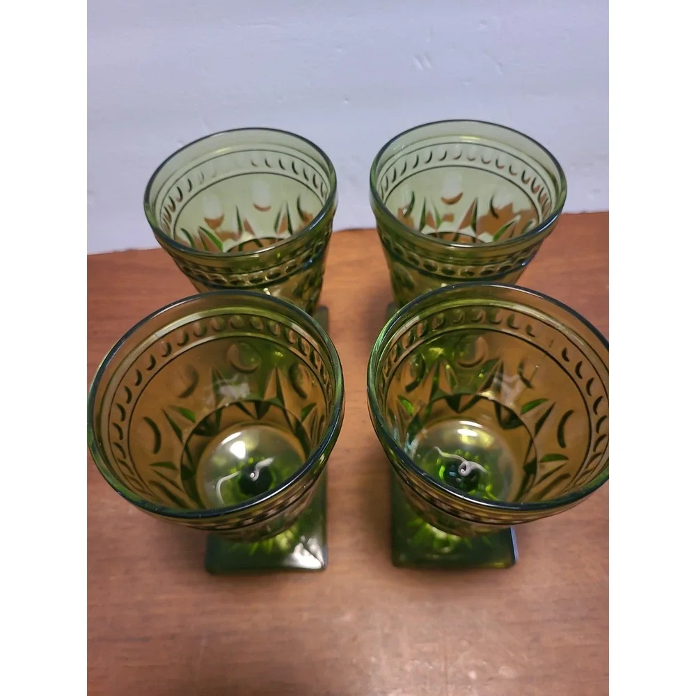 Vintage Indiana Green Colony Park Lane Glass Square Bottom Goblet Set Of 4